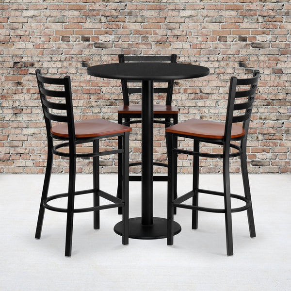 30'' Round Black Laminate Table Set with 3 Ladder Back Metal Barstools - Cherry Wood Seat