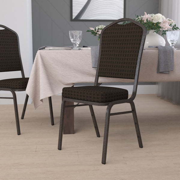 SINGLEWAVE Series Crown Back Stacking Banquet Chair in Brown Patterned Fabric - Gold Vein Frame