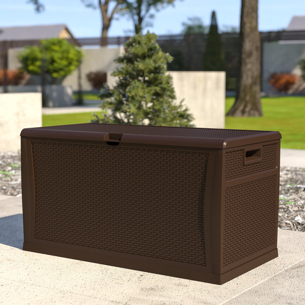 120 Gallon Plastic Deck Box - Outdoor Waterproof Storage Box for Patio Cushions, Garden Tools and Pool Toys, Brown