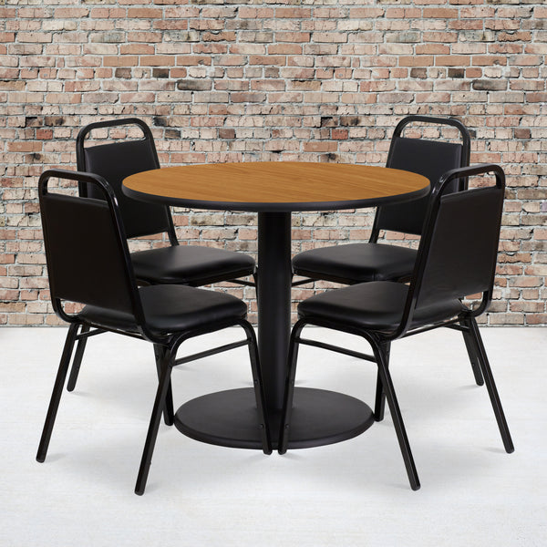 36'' Round Natural Laminate Table Set with Round Base and 4 Black Trapezoidal Back Banquet Chairs