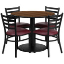 36'' Round Walnut Laminate Table Set with Round Base and 4 Ladder Back Metal Chairs - Burgundy Vinyl Seat