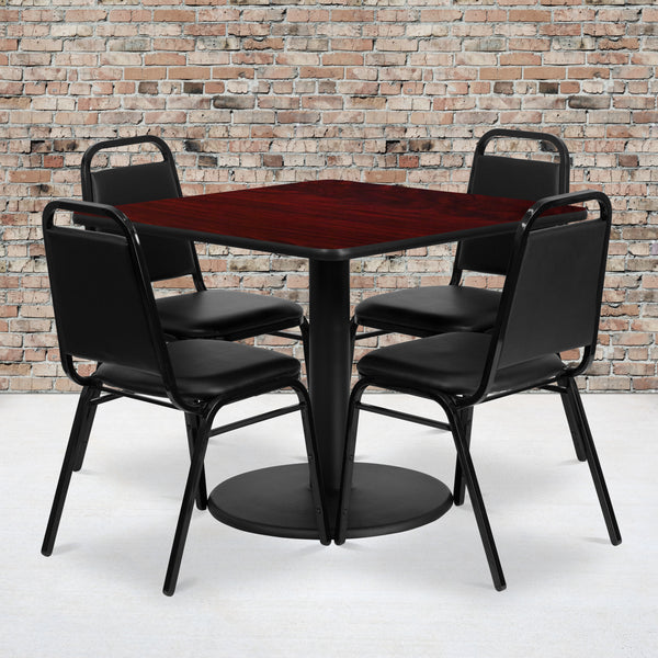 36'' Square Mahogany Laminate Table Set with Round Base and 4 Black Trapezoidal Back Banquet Chairs