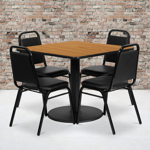 36'' Square Natural Laminate Table Set with Round Base and 4 Black Trapezoidal Back Banquet Chairs