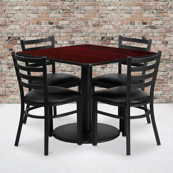 36'' Square Mahogany Laminate Table Set with Round Base and 4 Ladder Back Metal Chairs - Black Vinyl Seat