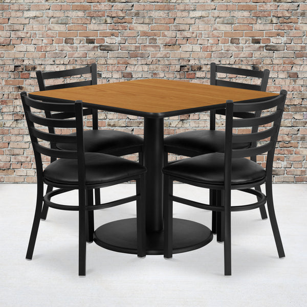 36'' Square Natural Laminate Table Set with Round Base and 4 Ladder Back Metal Chairs - Black Vinyl Seat