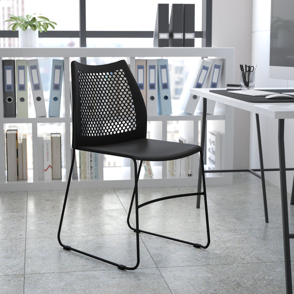 SINGLEWAVE Series 661 lb. Capacity Black Stack Chair with Air-Vent Back and Black Powder Coated Sled Base