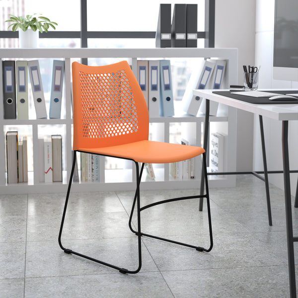 SINGLEWAVE Series 661 lb. Capacity Orange Stack Chair with Air-Vent Back and Black Powder Coated Sled Base
