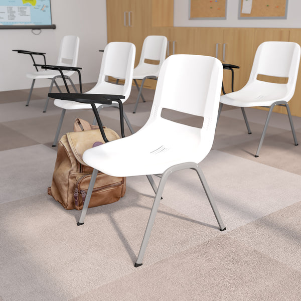 White Ergonomic Shell Chair with Right Handed Flip-Up Tablet Arm