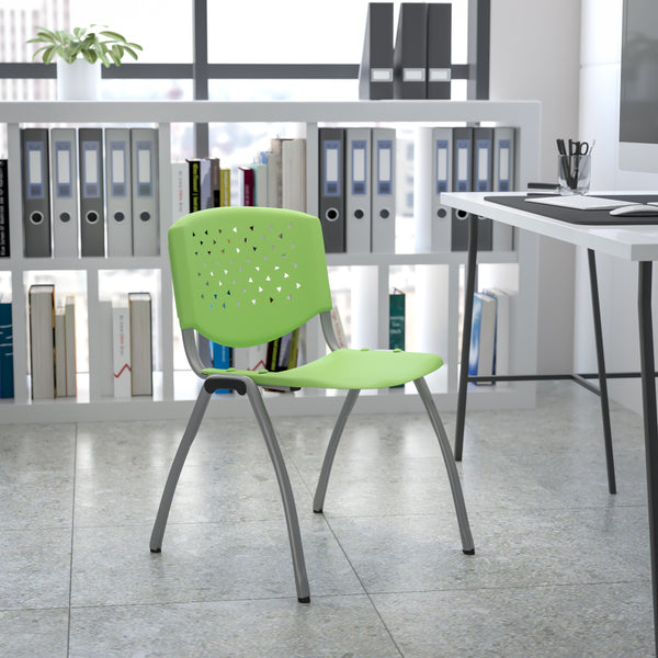 SINGLEWAVE Series 880 lb. Capacity Green Plastic Stack Chair with Titanium Gray Powder Coated Frame