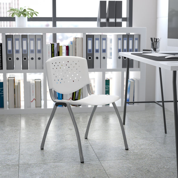 SINGLEWAVE Series 880 lb. Capacity White Plastic Stack Chair with Titanium Gray Powder Coated Frame