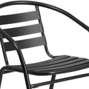 23.5'' Square Glass Metal Table with 2 Black Metal Aluminum Slat Stack Chairs
