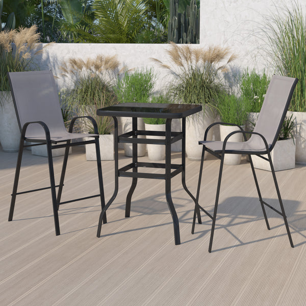 Outdoor Dining Set - 2-Person Bistro Set - Outdoor Glass Bar Table with Gray All-Weather Patio Stools