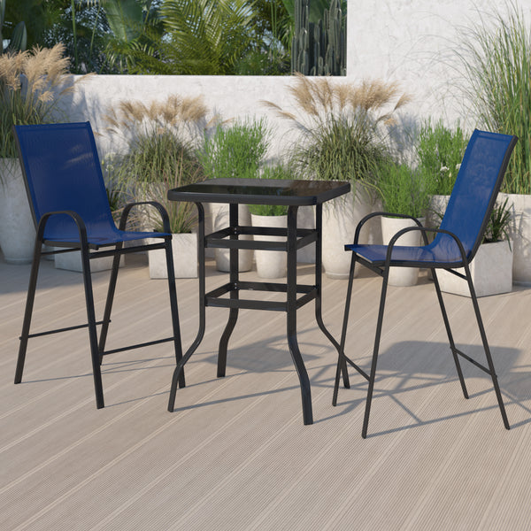 Outdoor Dining Set - 2-Person Bistro Set - Outdoor Glass Bar Table with Navy All-Weather Patio Stools