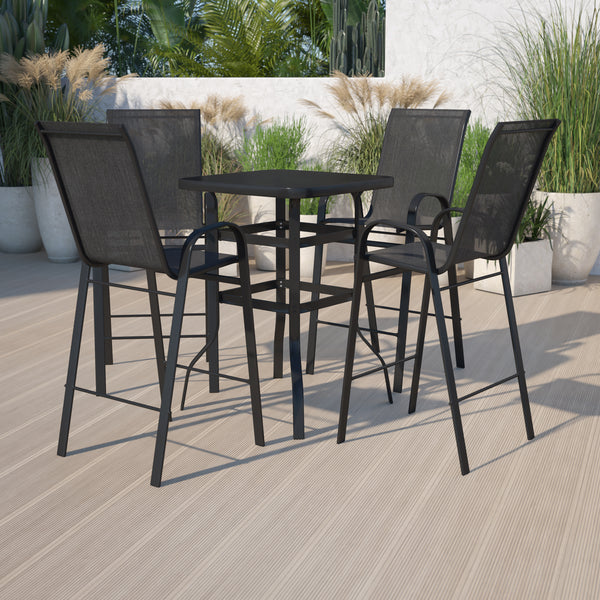 Outdoor Dining Set - 4-Person Bistro Set - Outdoor Glass Bar Table with Black All-Weather Patio Stools