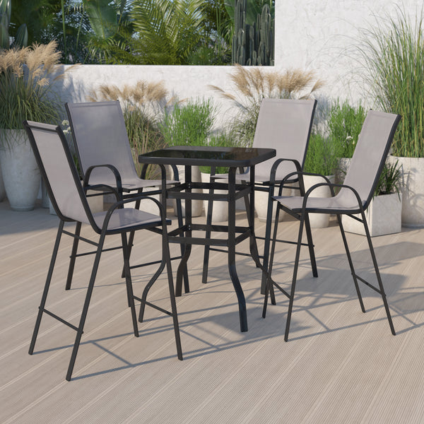 Outdoor Dining Set - 4-Person Bistro Set - Outdoor Glass Bar Table with Gray All-Weather Patio Stools