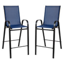 Outdoor Dining Set - 4-Person Bistro Set - Outdoor Glass Bar Table with Navy All-Weather Patio Stools
