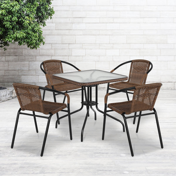 28'' Square Glass Metal Table with Dark Brown Rattan Edging and 4 Dark Brown Rattan Stack Chairs