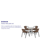 28'' Square Glass Metal Table with Dark Brown Rattan Edging and 4 Dark Brown Rattan Stack Chairs