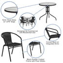 28'' Round Glass Metal Table with Black Rattan Edging and 4 Black Rattan Stack Chairs