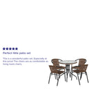 28'' Round Glass Metal Table with Dark Brown Rattan Edging and 4 Dark Brown Rattan Stack Chairs