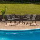 28'' Round Glass Metal Table with Gray Rattan Edging and 4 Gray Rattan Stack Chairs