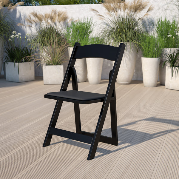 SINGLEWAVE Series Black Wood Folding Chair with Vinyl Padded Seat