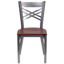 SINGLEWAVE Series Clear Coated ''X'' Back Metal Restaurant Chair - Cherry Wood Seat
