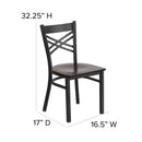 SINGLEWAVE Series Black ''X'' Back Metal Restaurant Chair - Walnut Wood Seat