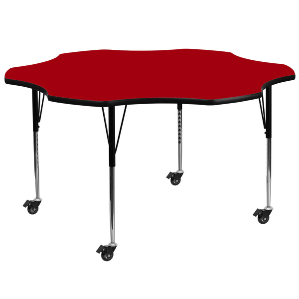 Mobile 60'' Flower Red Thermal Laminate Activity Table - Standard Height Adjustable Legs