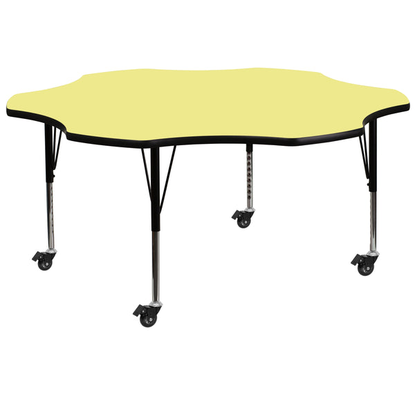 Mobile 60'' Flower Yellow Thermal Laminate Activity Table - Height Adjustable Short Legs