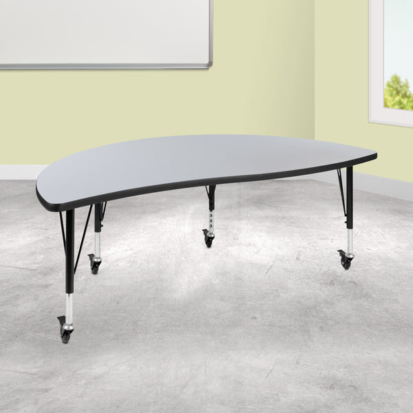 Mobile 60" Half Circle Wave Flexible Collaborative Grey Thermal Laminate Activity Table - Height Adjustable Short Legs