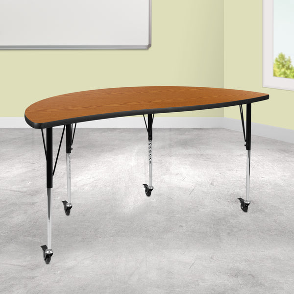 Mobile 60" Half Circle Wave Flexible Collaborative Oak Thermal Laminate Activity Table - Standard Height Adjustable Legs