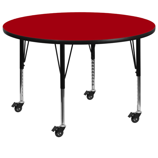 Mobile 60'' Round Red Thermal Laminate Activity Table - Height Adjustable Short Legs
