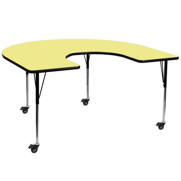 Mobile 60''W x 66''L Horseshoe Yellow Thermal Laminate Activity Table - Standard Height Adjustable Legs