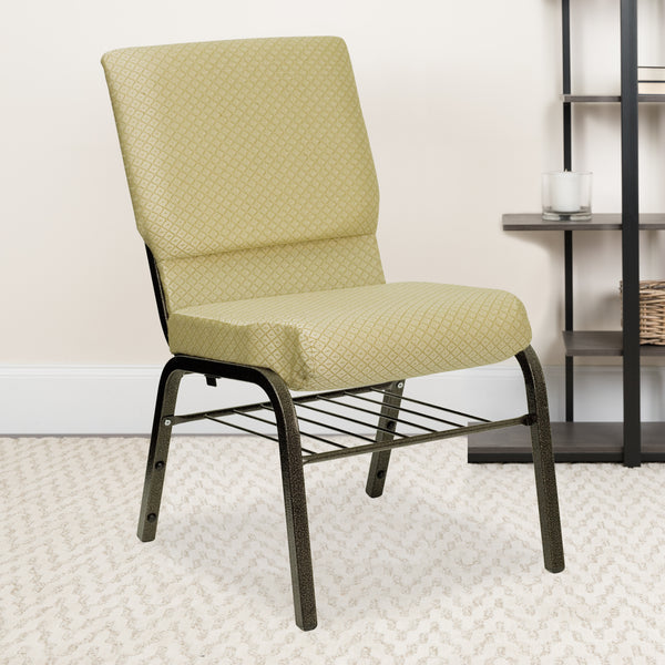 SINGLEWAVE Series 18.5''W Church Chair in Beige Patterned Fabric with Book Rack - Gold Vein Frame
