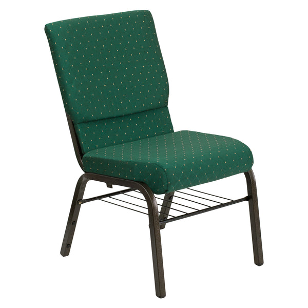 SINGLEWAVE Series 18.5''W Church Chair in Green Patterned Fabric with Book Rack - Gold Vein Frame