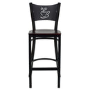 SINGLEWAVE Series Black Coffee Back Metal Restaurant Barstool - Mahogany Wood Seat