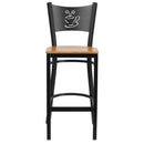 SINGLEWAVE Series Black Coffee Back Metal Restaurant Barstool - Natural Wood Seat