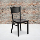 SINGLEWAVE Series Black Grid Back Metal Restaurant Chair - Mahogany Wood Seat