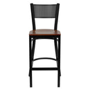 SINGLEWAVE Series Black Grid Back Metal Restaurant Barstool - Cherry Wood Seat