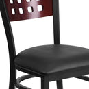 SINGLEWAVE Series Black Cutout Back Metal Restaurant Chair - Mahogany Wood Back, Black Vinyl Seat