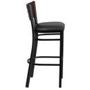 SINGLEWAVE Series Black Cutout Back Metal Restaurant Barstool - Mahogany Wood Back, Black Vinyl Seat