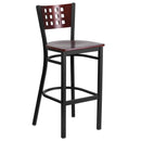 SINGLEWAVE Series Black Cutout Back Metal Restaurant Barstool - Mahogany Wood Back & Seat