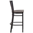 SINGLEWAVE Series Black Circle Back Metal Restaurant Barstool - Walnut Wood Seat