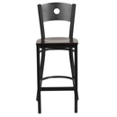 SINGLEWAVE Series Black Circle Back Metal Restaurant Barstool - Walnut Wood Seat