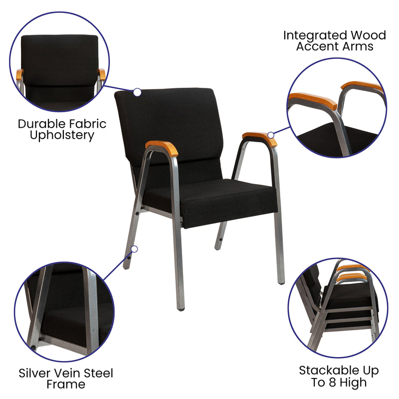 SINGLEWAVE Series 21"W Stacking Wood Accent Arm Church Chair in Black Fabric - Silver Vein Frame