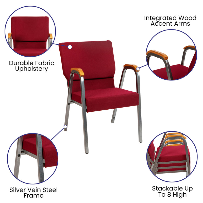 SINGLEWAVE Series 21"W Stacking Wood Accent Arm Church Chair in Burgundy Fabric - Silver Vein Frame
