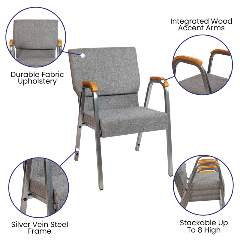 SINGLEWAVE Series 21"W Stacking Wood Accent Arm Church Chair in Gray Fabric - Silver Vein Frame