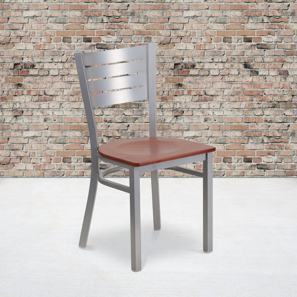 SINGLEWAVE Series Silver Slat Back Metal Restaurant Chair - Cherry Wood Seat
