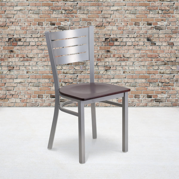 SINGLEWAVE Series Silver Slat Back Metal Restaurant Chair - Mahogany Wood Seat